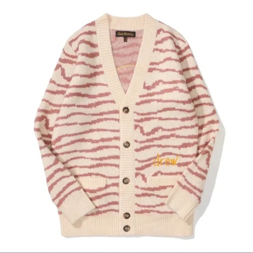 NWT Drew House Sketch Mascot Squiggle Cardigan, Ivory/Mauve - Size L